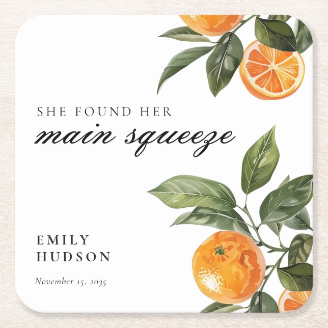 She Found Her Main Squeeze Bridal Shower Square Paper Coaster (Front)