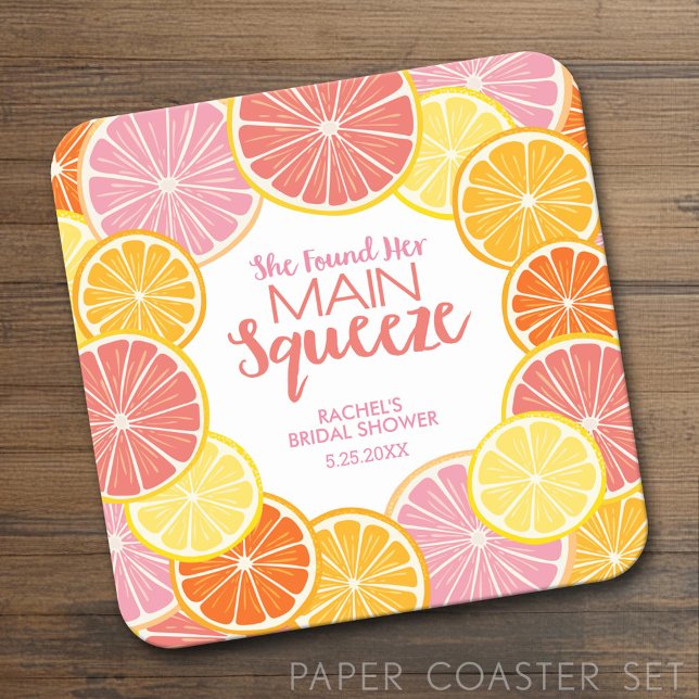She Found Her Main Squeeze Bridal Shower Square Paper Coaster (Custom Coaster Set)