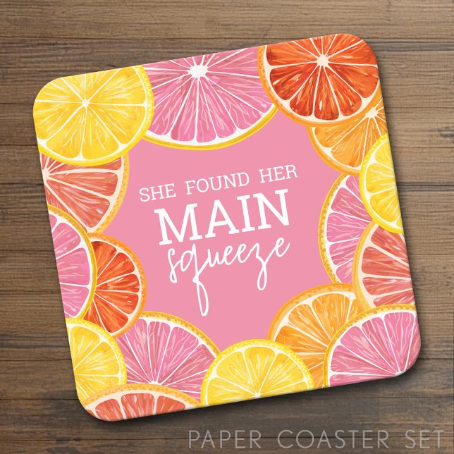 She Found Her Main Squeeze Bridal Shower Square Paper Coaster (Custom Coaster Set)