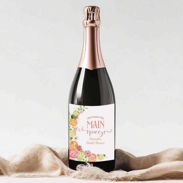 She Found Her Main Squeeze Citrus Bridal Shower Wine Label (Creator Uploaded)