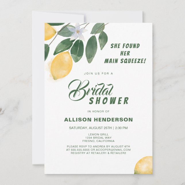 She Found Her Main Squeeze Lemon Bridal Shower Invitation (Front)