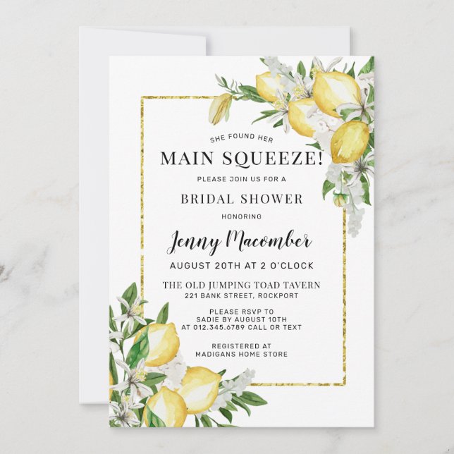 She Found Her Main Squeeze Lemon Bridal Shower  Invitation (Front)