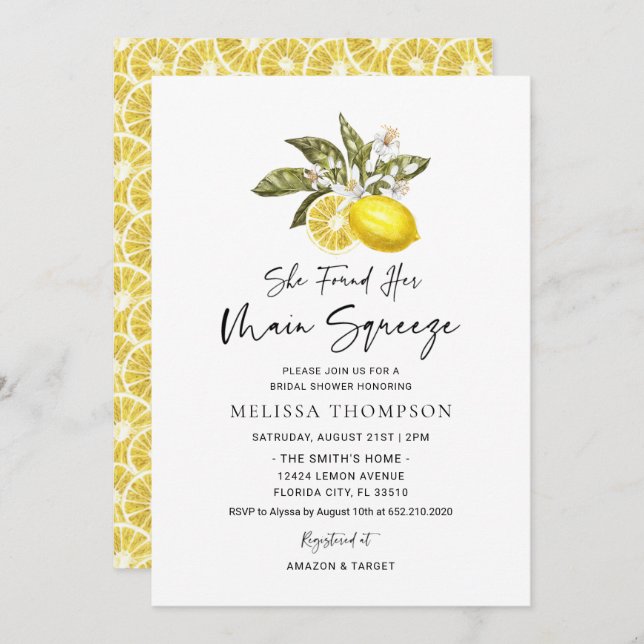 She Found Her Main Squeeze Lemon Bridal Shower Invitation (Front/Back)