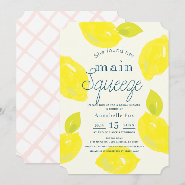 She Found Her Main Squeeze Lemon Bridal Shower Invitation (Front/Back)