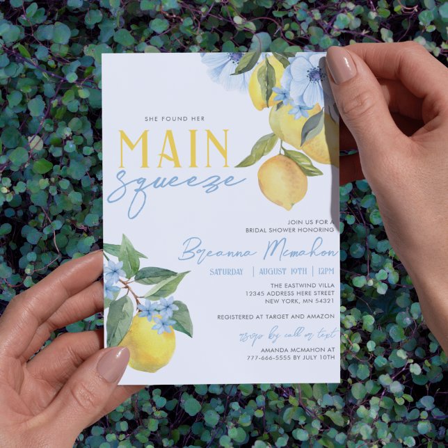She Found Her Main Squeeze Lemon Bridal Shower Invitation (Blue Flower Lemon Bridal Invitations. Available printed with envelopes or printable digital download)