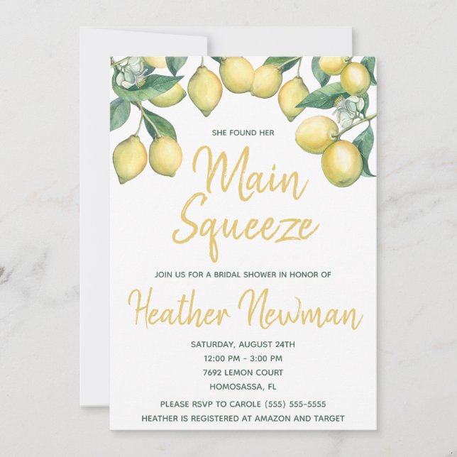 She Found Her Main Squeeze Lemon Bridal Shower Invitation (Front)