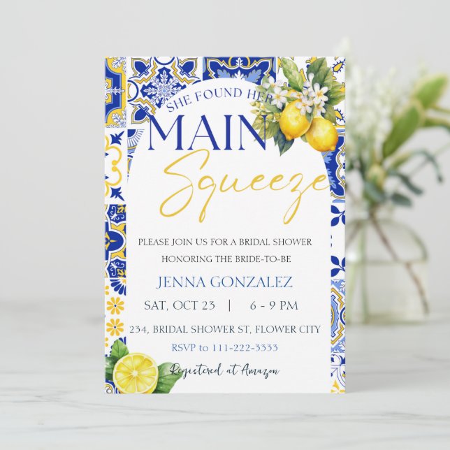 She Found Her Main Squeeze Lemon Bridal Shower Invitation (Standing Front)