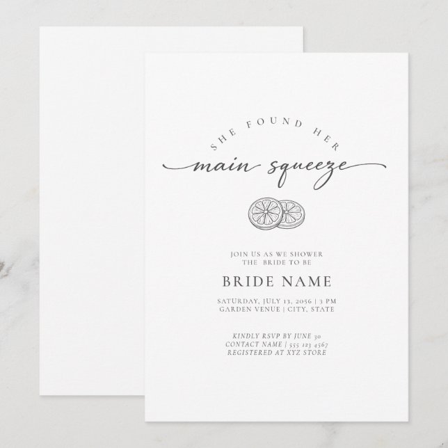 She Found Her Main Squeeze Lemon Bridal Shower Invitation (Front/Back)