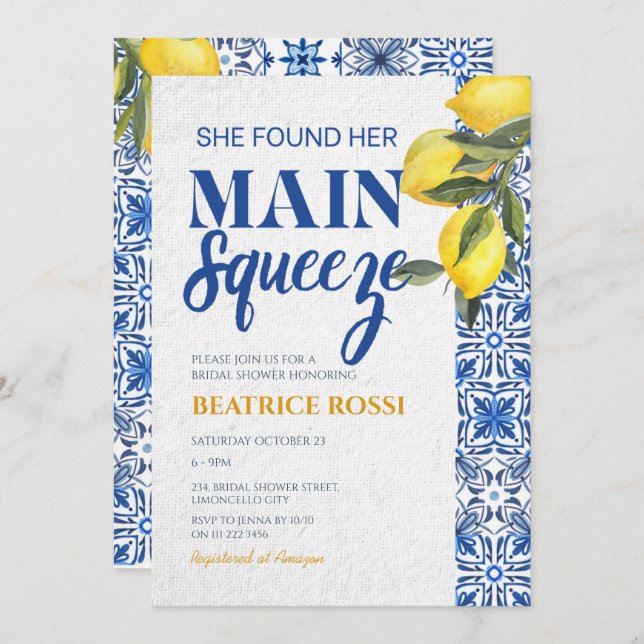 She Found Her Main Squeeze Lemon Bridal Shower Invitation (Front/Back)