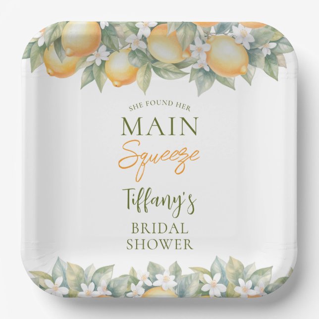 She Found Her Main Squeeze Lemon Bridal Shower Paper Plate (Front)