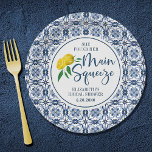She Found Her Main Squeeze Lemon Bridal Shower Paper Plate<br><div class="desc">She found her main squeeze bridal shower party plate. Decorated with lemons and Italian blue tile. Designed for you by Blackberry Boulevard.</div>