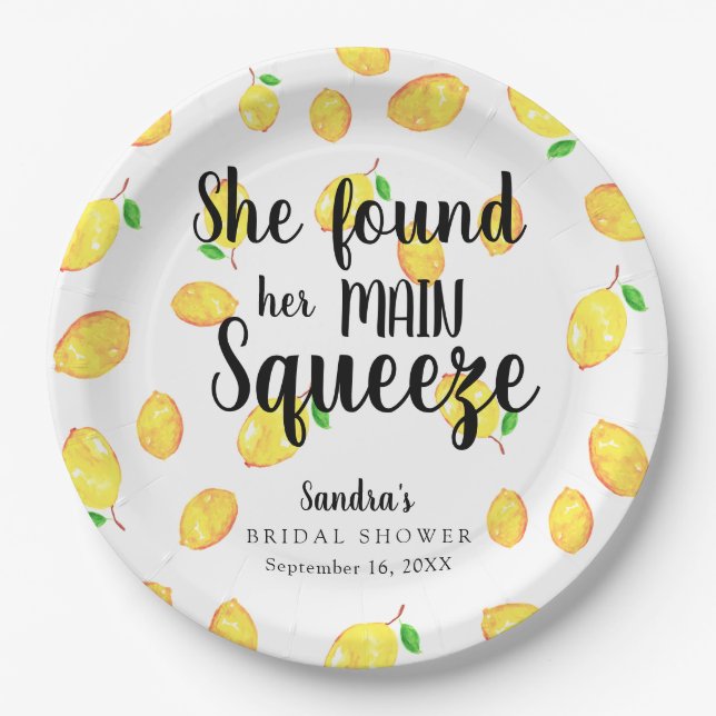 She Found Her Main Squeeze Lemon Bridal Shower Paper Plate (Front)