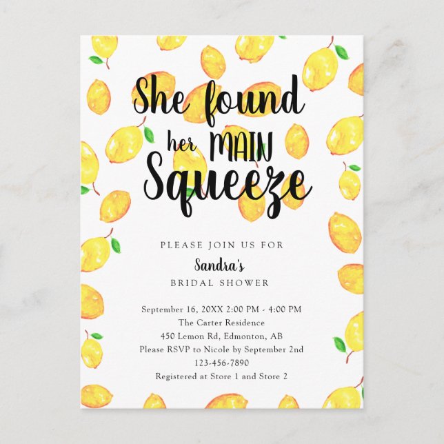 She found her Main Squeeze Lemon Bridal Shower  Postcard (Front)