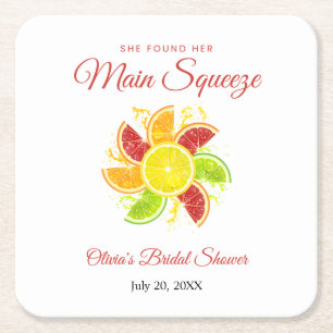 She Found Her Main Squeeze Lemon Bridal Shower  Square Paper Coaster