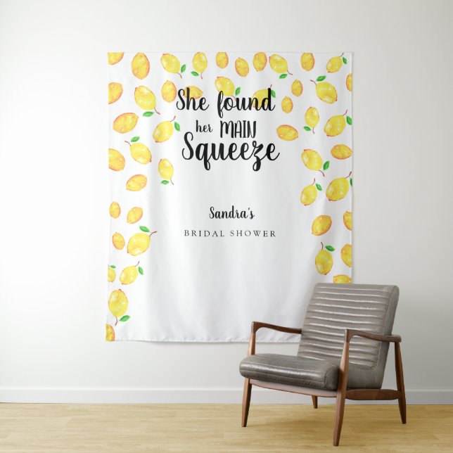 She Found Her Main Squeeze Lemon Bridal Shower Tapestry (In Situ)
