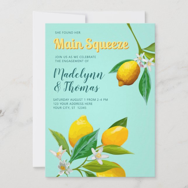 She Found Her Main Squeeze Lemon Engagement Party Invitation (Front)