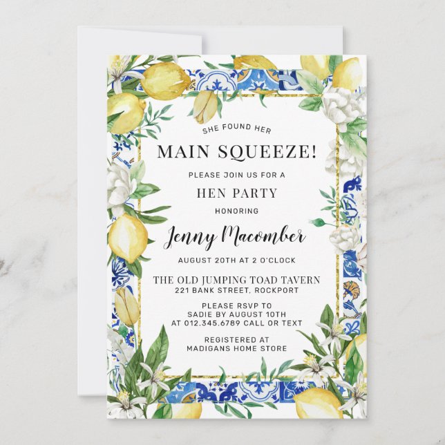 She Found Her Main Squeeze Lemon Hen Party Invitation (Front)