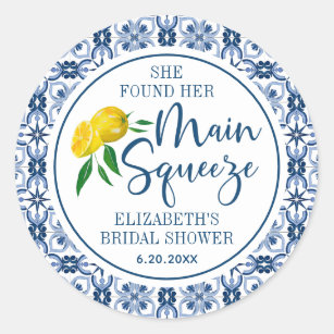 She Found Her Main Squeeze Lemon Italian Blue Tile Classic Round Sticker
