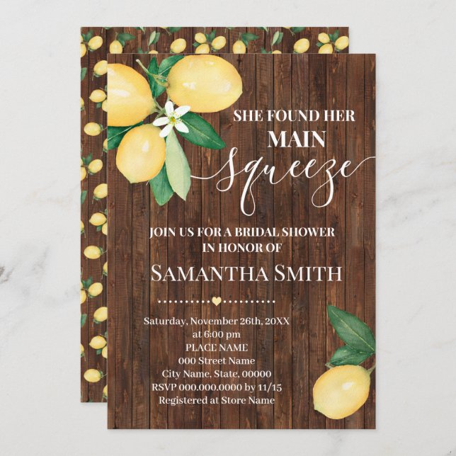 She Found Her Main Squeeze Lemon Wood Shower Invitation (Front/Back)