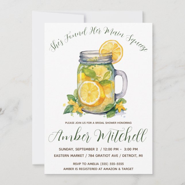 She Found Her Main Squeeze, Lemonade Bridal Shower Invitation (Front)