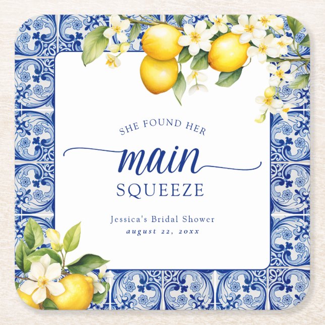 She Found Her Main Squeeze Lemons Bridal Shower Square Paper Coaster (Front)