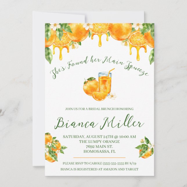 She Found Her Main Squeeze Orange Bridal Shower Invitation (Front)