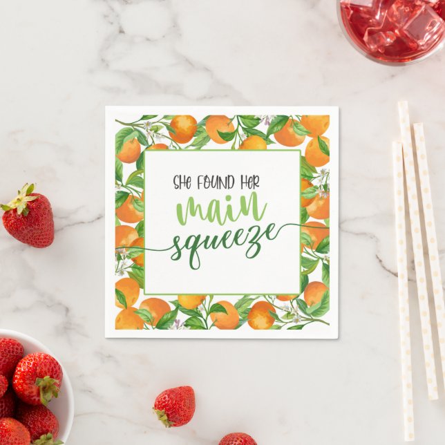 She Found Her Main Squeeze Orange Bridal Shower Napkin (Insitu)