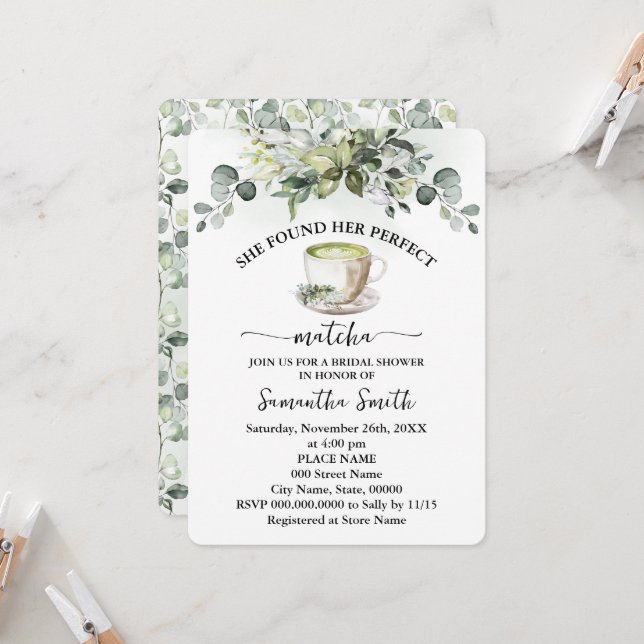 She Found Her Matcha Bridal Shower Eucalyptus Invitation (Front/Back In Situ)
