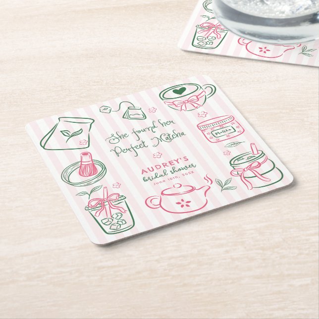She Found Her Perfect Matcha Bridal Shower Party Square Paper Coaster (Angled)