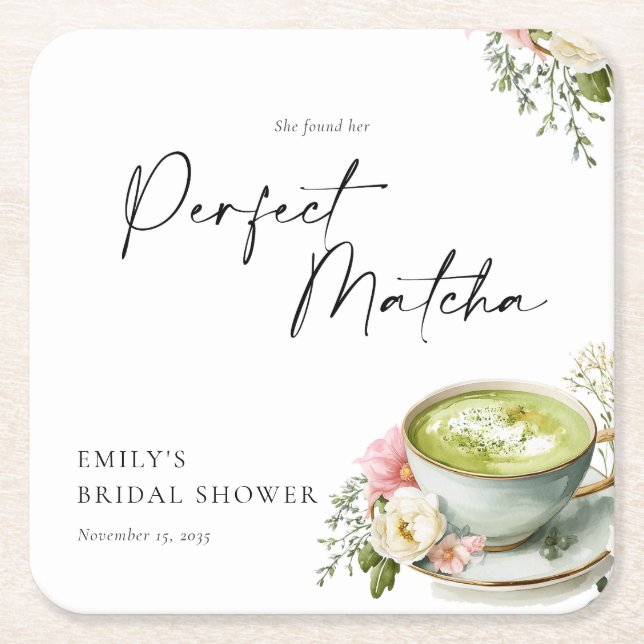 She Found Her Perfect Matcha Bridal Shower Square Paper Coaster (Front)