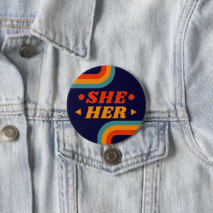 She Her 70s Blue Orange Retro Lines Pronouns  7.5 Cm Round Badge