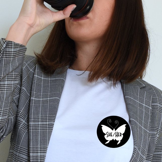 SHE/HER Diva Butterfly Round Black Button (Creator Uploaded)