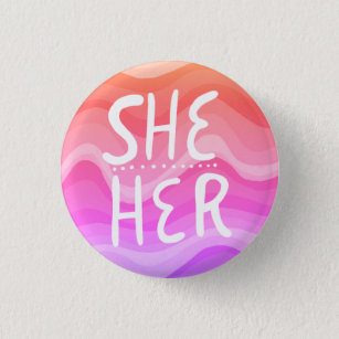 SHE/HER Pronouns Colourful Handletter Orange Pink 3 Cm Round Badge