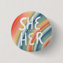 SHE/HER Pronouns Colourful Handlettered Rainbow 3 Cm Round Badge