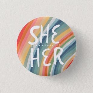 SHE/HER Pronouns Colourful Handlettered Rainbow 3 Cm Round Badge