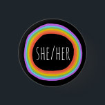 SHE/HER Pronouns Colourful Rainbow Circle Black 3 Cm Round Badge<br><div class="desc">Decorate your outfit with this cool art button. Makes a great  gift! You can customise it and add text too. Check my shop for lots more colours and patterns! Let me know if you'd like something custom too.</div>