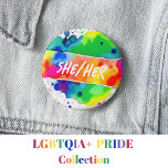 She/Her Pronouns Pride Watercolor Rainbow 6 Cm Round Badge<br><div class="desc">The button is like a splash of pride,  painted with a watercolor rainbow to celebrate gender diversity and "she/her" pronouns. It's all about embracing who you are and standing together in the LGBTQ  community.</div>