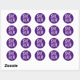 SHE / HER Pronouns Purple Handlettering Set of  Classic Round Sticker