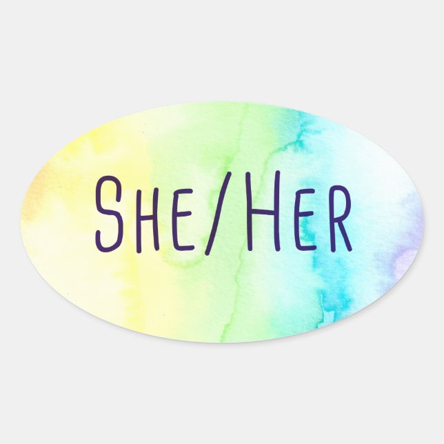 She Her Pronouns (Rainbow Watercolor) Oval Sticker (Front)