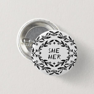 SHE HER PRONOUNS Roses Vines Botanical CUSTOM 3 Cm Round Badge