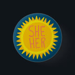 SHE / HER Pronouns Sunshine Pride Handlettered 3 Cm Round Badge<br><div class="desc">Decorate your outfit with this cool art button. Makes a great  gift! You can customise it and add text too. Check my shop for lots more colours and patterns! Let me know if you'd like something custom too.</div>