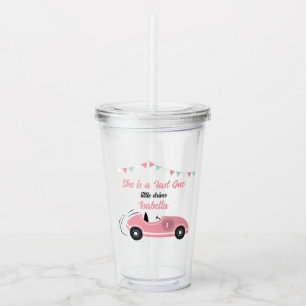 She is a Fast One Festive Pink Race Car Birthday Acrylic Tumbler