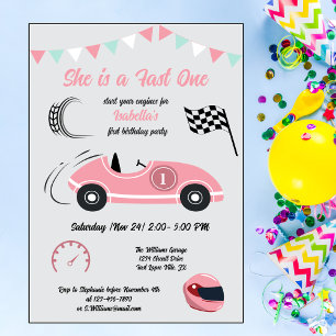 She is a Fast One Festive Pink Race Car Birthday Invitation
