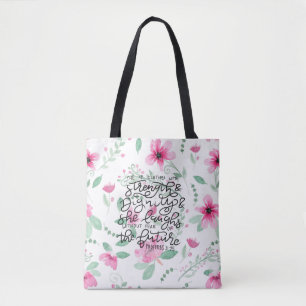 She is clothed with strength and dignity tote bag