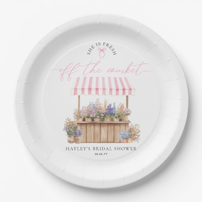 She Is Fresh Off The Market Pink Bridal Shower Paper Plate (Front)