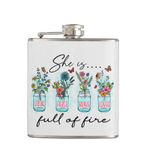 She Is Full of Fire – Vibrant Floral Empowerment Hip Flask