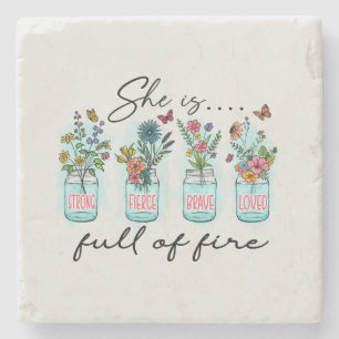 She Is Full of Fire – Vibrant Floral Empowerment Stone Coaster