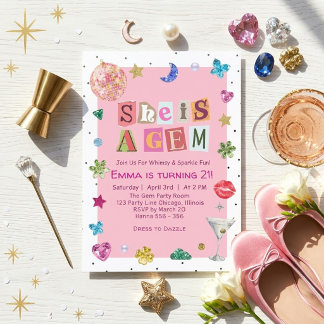 She Is Gem 21st Birthday Girl Polka Dots Modern Invitation