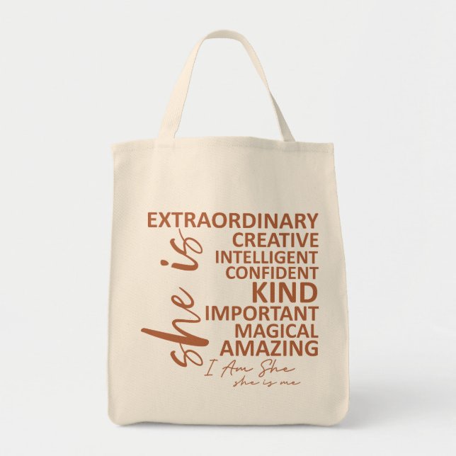 "She is Me" Mocha Mousse Affirmation Typography Tote Bag (Front)
