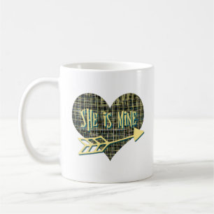 She is Mine Abstract Yellow Grid Heart Shape Coffee Mug